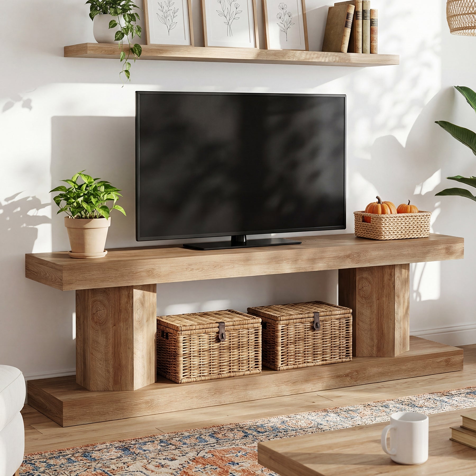 70" Ekrana Kadar Uygun 160 cm Çiftlik Stili TV Sehpası, 2 Katlı Açık Raflı Ahşap Eğlence Ünitesi