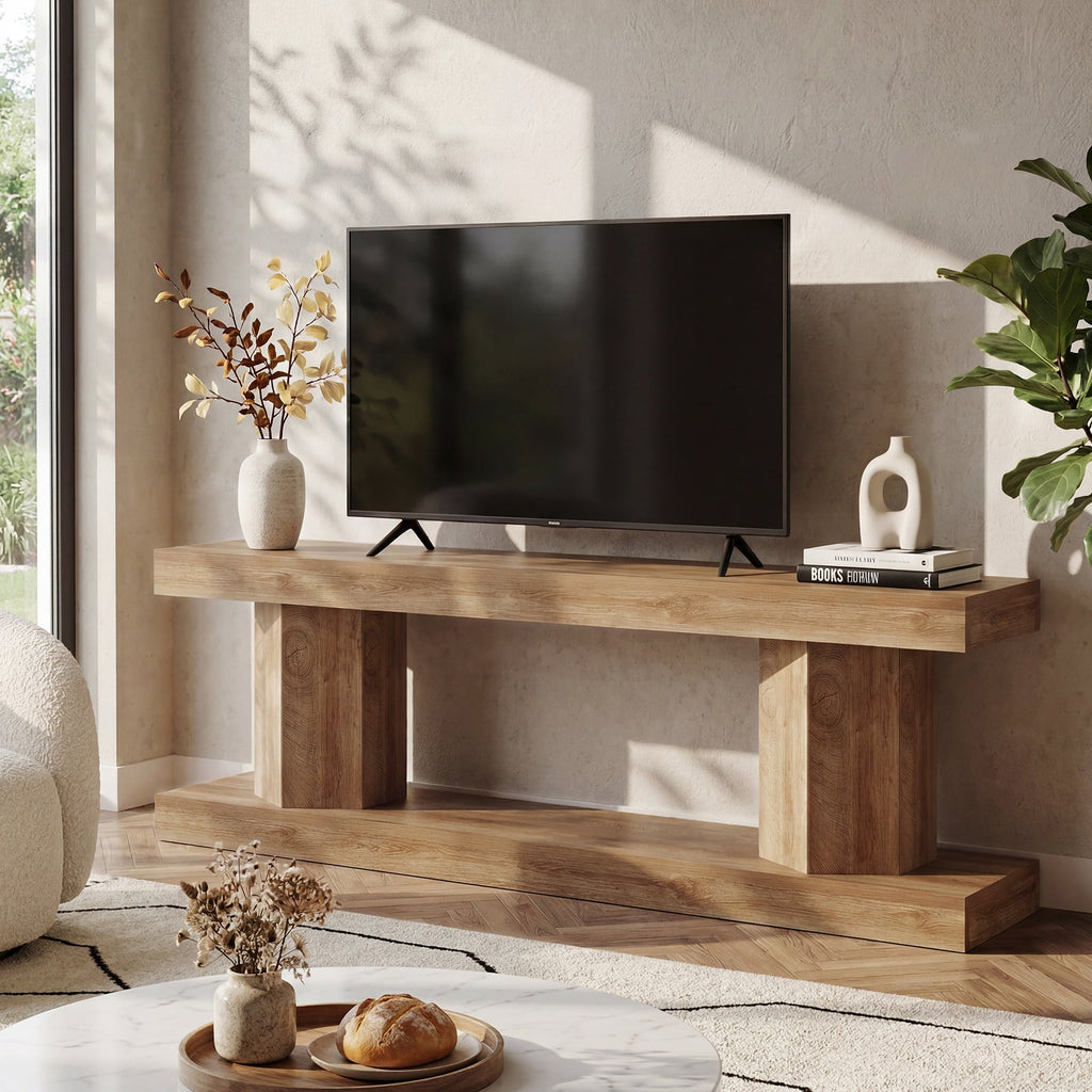 70" Ekrana Kadar Uygun 160 cm Çiftlik Stili TV Sehpası, 2 Katlı Açık Raflı Ahşap Eğlence Ünitesi