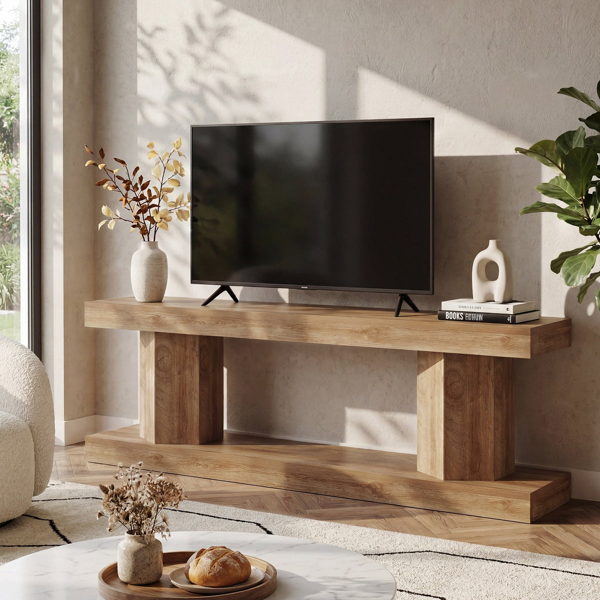 70" Ekrana Kadar Uygun 160 cm Çiftlik Stili TV Sehpası, 2 Katlı Açık Raflı Ahşap Eğlence Ünitesi