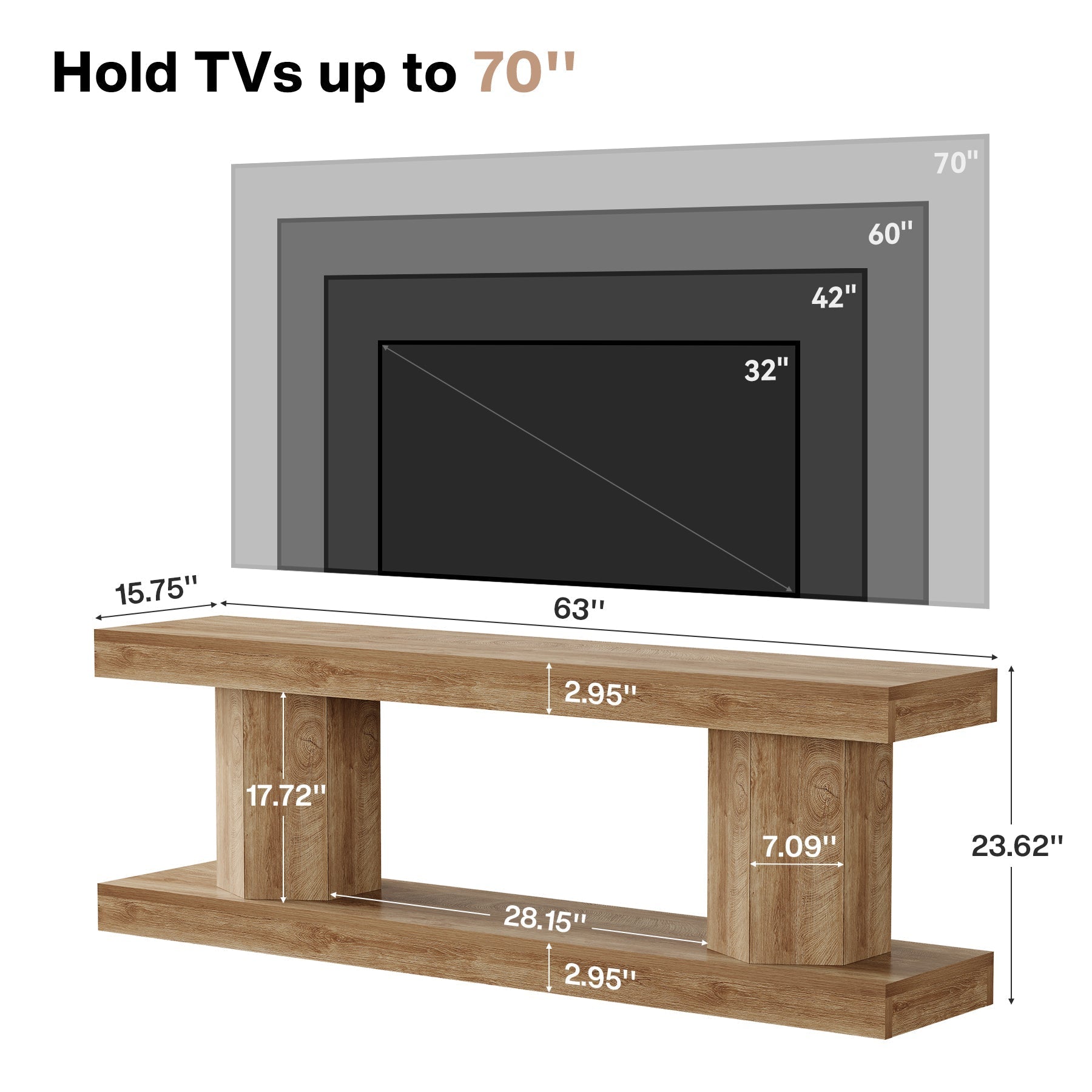 70" Ekrana Kadar Uygun 160 cm Çiftlik Stili TV Sehpası, 2 Katlı Açık Raflı Ahşap Eğlence Ünitesi